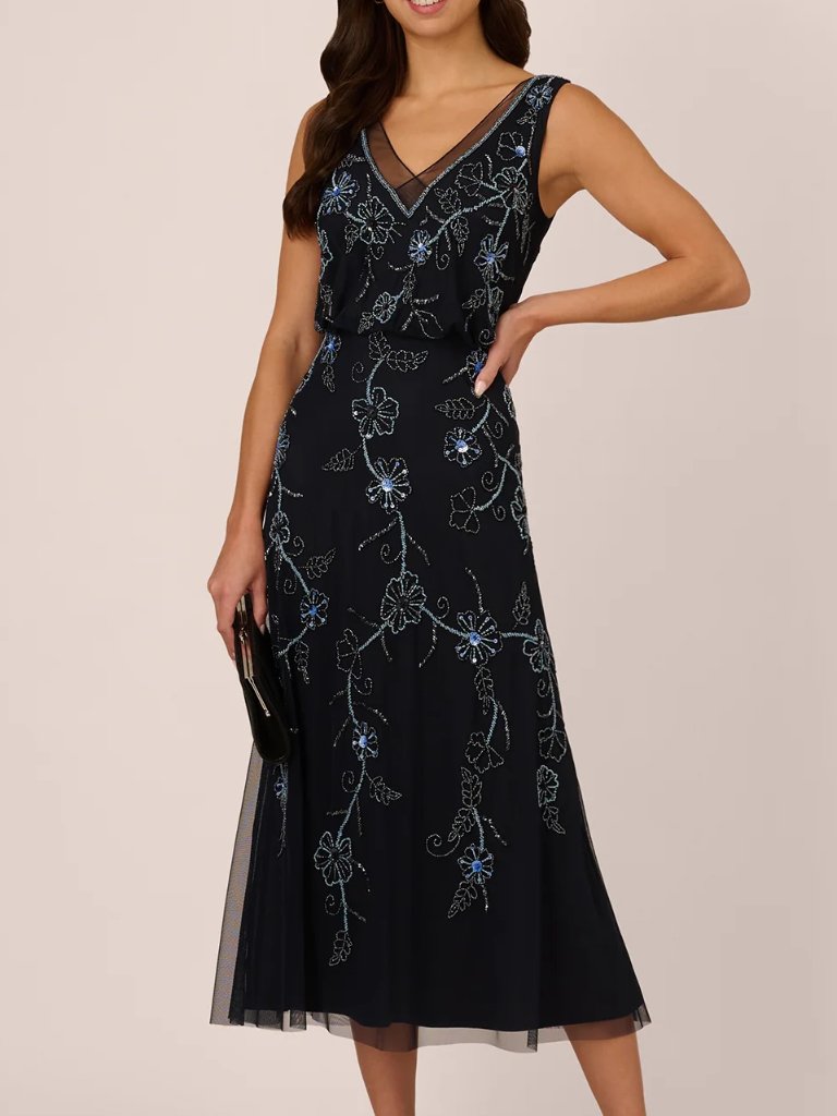 Adrianna Papell Sleeveless Beaded Floral Blouson Midi Dress In Midnight Multi